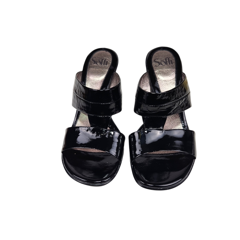 Sofft Black Metallic Silver Patent Leather Women's Wedge Sandals Art Deco 6.5 - Picture 3 of 15